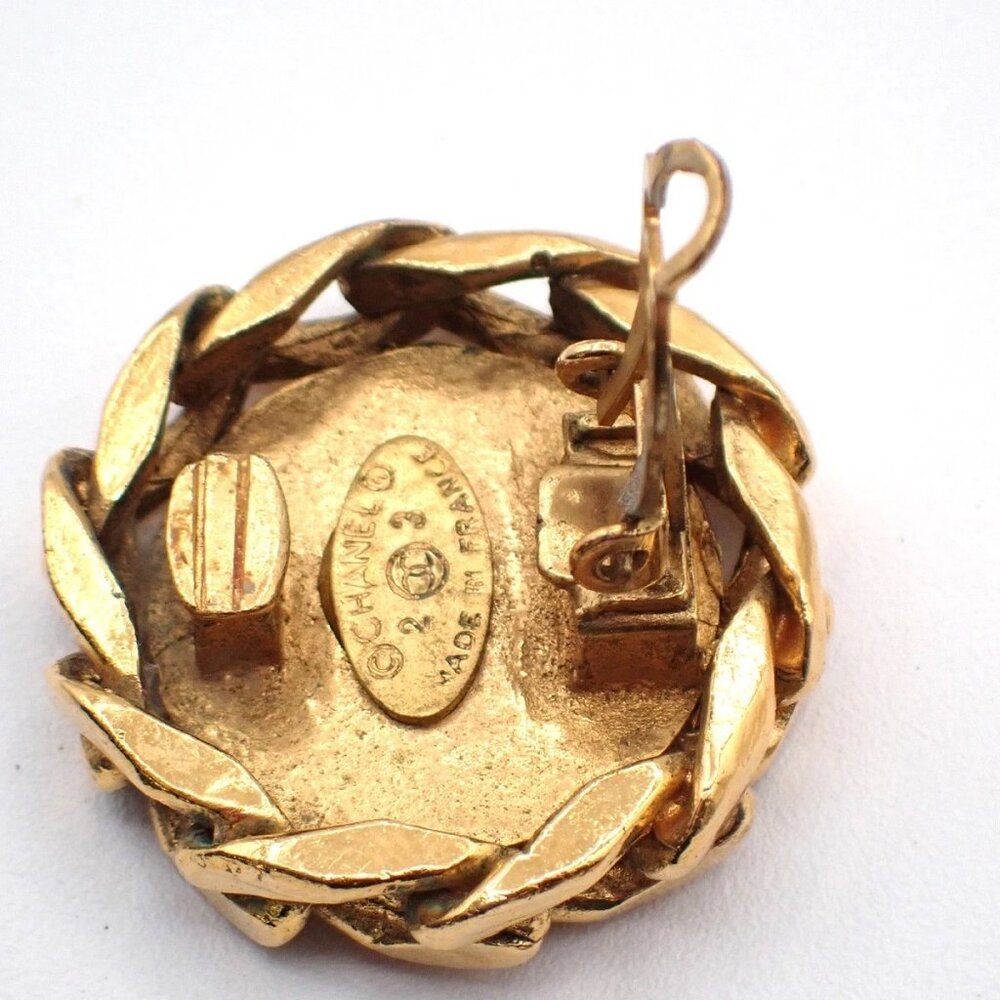 CHANEL CC Logo Rhinestone Round Button Earrings 23 Clip-On Gold Vintage 34RL666 - Picture 5 of 16
